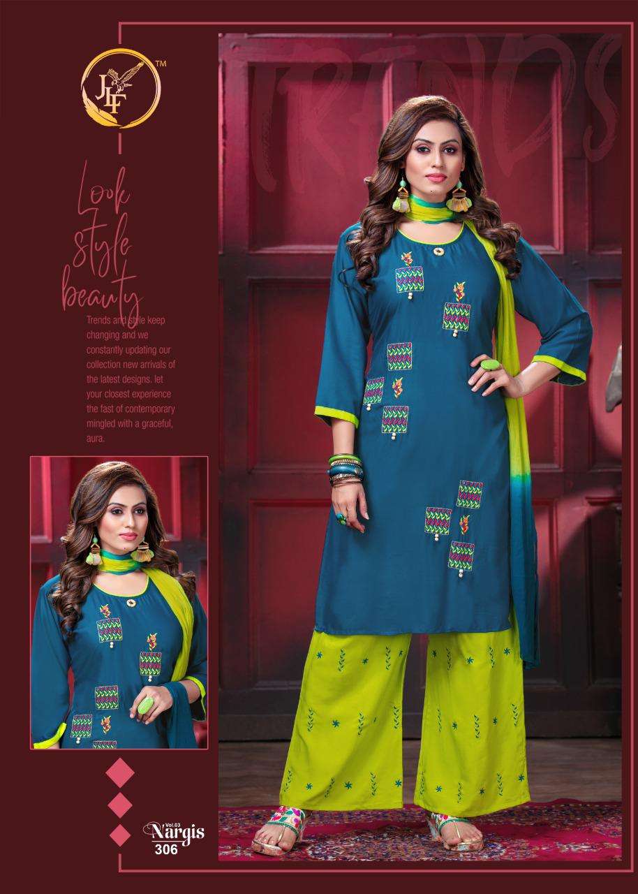 NARGIS VOL-3 BY JLF 301 TO 308 SERIES SUITS STYLISH BEAUTIFUL COLOURFUL PRINTED & EMBROIDERED PARTY WEAR & OCCASIONAL WEAR RAYON EMBROIDERED DRESSES AT WHOLESALE PRICE