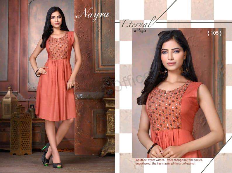 LAKME BY NAYRA 101 TO 108 SERIES BEAUTIFUL STYLISH FANCY COLORFUL CASUAL WEAR & ETHNIC WEAR RAYON EMBROIDERED KURTIS AT WHOLESALE PRICE