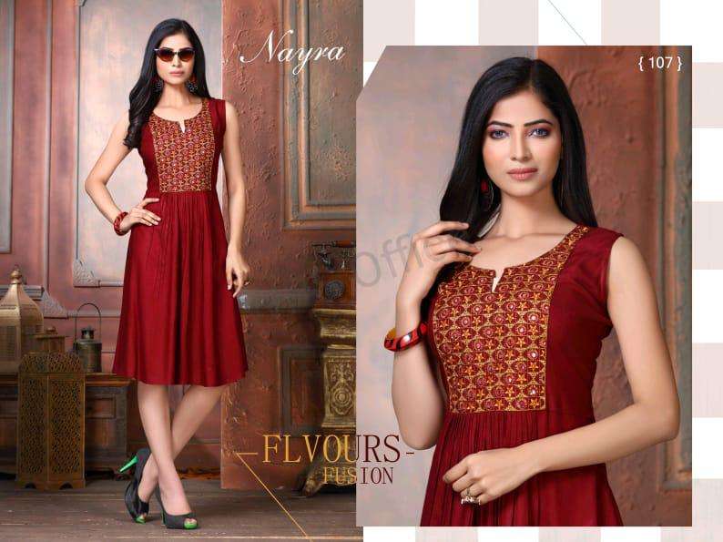 LAKME BY NAYRA 101 TO 108 SERIES BEAUTIFUL STYLISH FANCY COLORFUL CASUAL WEAR & ETHNIC WEAR RAYON EMBROIDERED KURTIS AT WHOLESALE PRICE