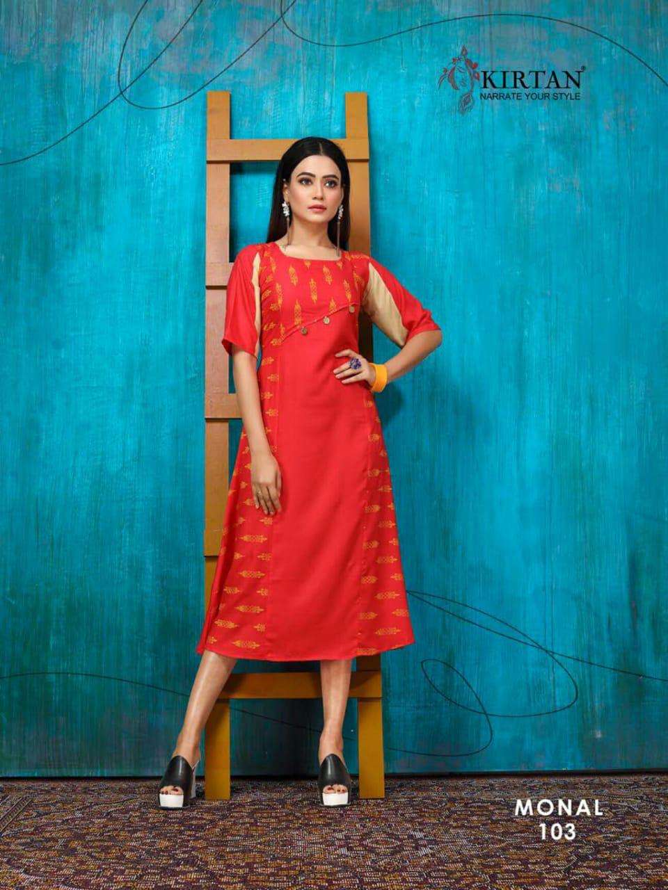 MONAL BY KIRTAN 101 TO 107 SERIES BEAUTIFUL STYLISH FANCY COLORFUL CASUAL WEAR & ETHNIC WEAR FANCY RAYON KURTIS AT WHOLESALE PRICE