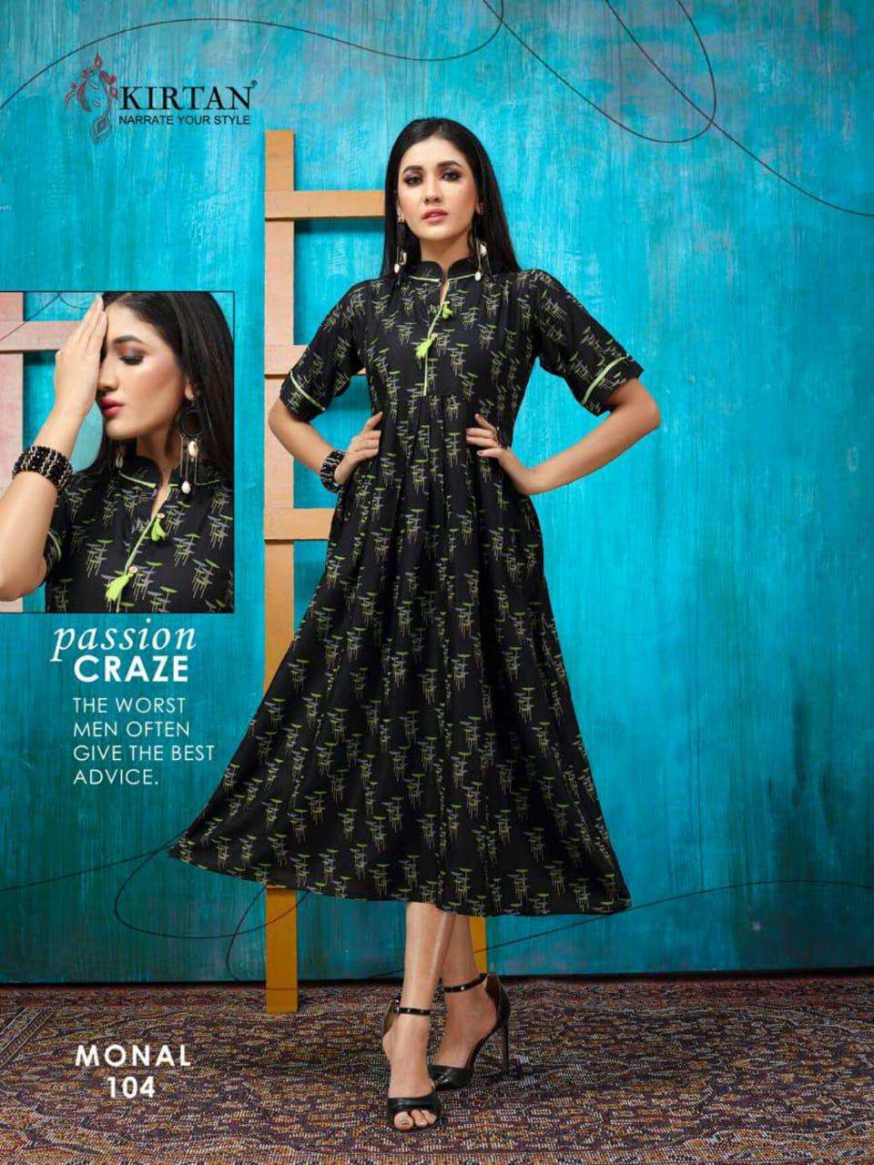 MONAL BY KIRTAN 101 TO 107 SERIES BEAUTIFUL STYLISH FANCY COLORFUL CASUAL WEAR & ETHNIC WEAR FANCY RAYON KURTIS AT WHOLESALE PRICE