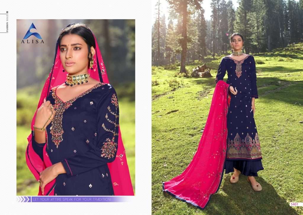 MAHERA BY ALISA 5401 TO 5406 SERIES DESIGNER SHARARA SUITS BEAUTIFUL STYLISH FANCY COLORFUL PARTY WEAR & OCCASIONAL WEAR JACQUARD SILK HANDWORK DRESSES AT WHOLESALE PRICE