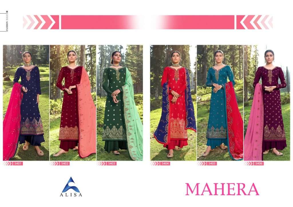 MAHERA BY ALISA 5401 TO 5406 SERIES DESIGNER SHARARA SUITS BEAUTIFUL STYLISH FANCY COLORFUL PARTY WEAR & OCCASIONAL WEAR JACQUARD SILK HANDWORK DRESSES AT WHOLESALE PRICE