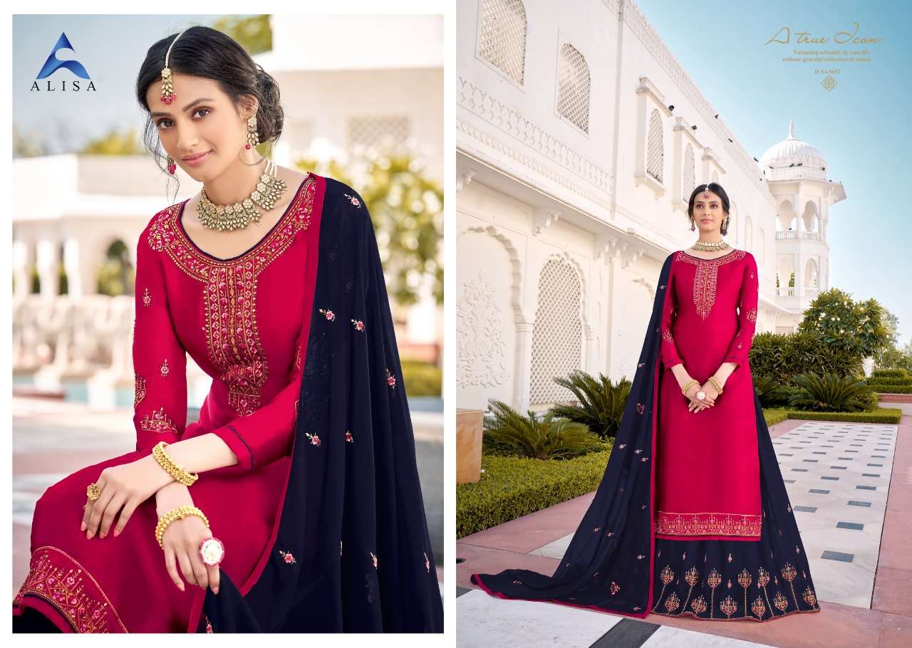 KIARA VOL-5 BY ALISA 5601 TO 5606 SERIES DESIGNER SHARARA SUITS BEAUTIFUL STYLISH FANCY COLORFUL PARTY WEAR & OCCASIONAL WEAR HEAVY SATIN GEORGETTE EMBROIDERED DRESSES AT WHOLESALE PRICE