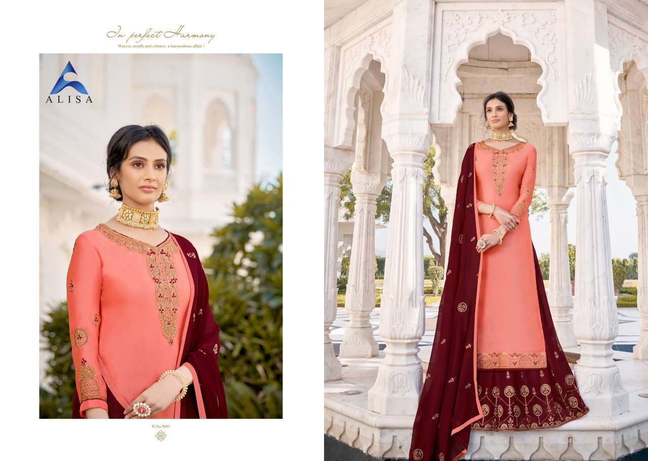 KIARA VOL-5 BY ALISA 5601 TO 5606 SERIES DESIGNER SHARARA SUITS BEAUTIFUL STYLISH FANCY COLORFUL PARTY WEAR & OCCASIONAL WEAR HEAVY SATIN GEORGETTE EMBROIDERED DRESSES AT WHOLESALE PRICE