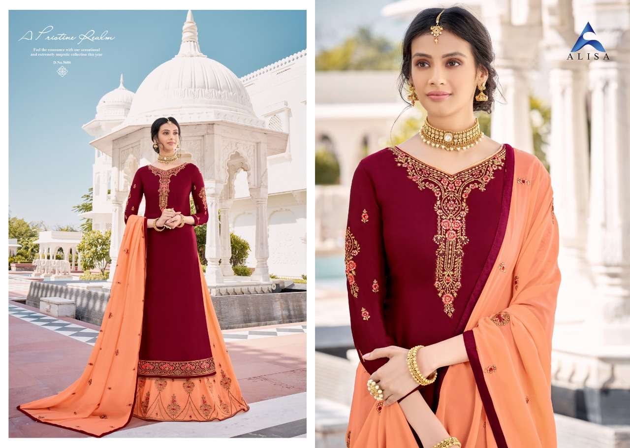 KIARA VOL-5 BY ALISA 5601 TO 5606 SERIES DESIGNER SHARARA SUITS BEAUTIFUL STYLISH FANCY COLORFUL PARTY WEAR & OCCASIONAL WEAR HEAVY SATIN GEORGETTE EMBROIDERED DRESSES AT WHOLESALE PRICE