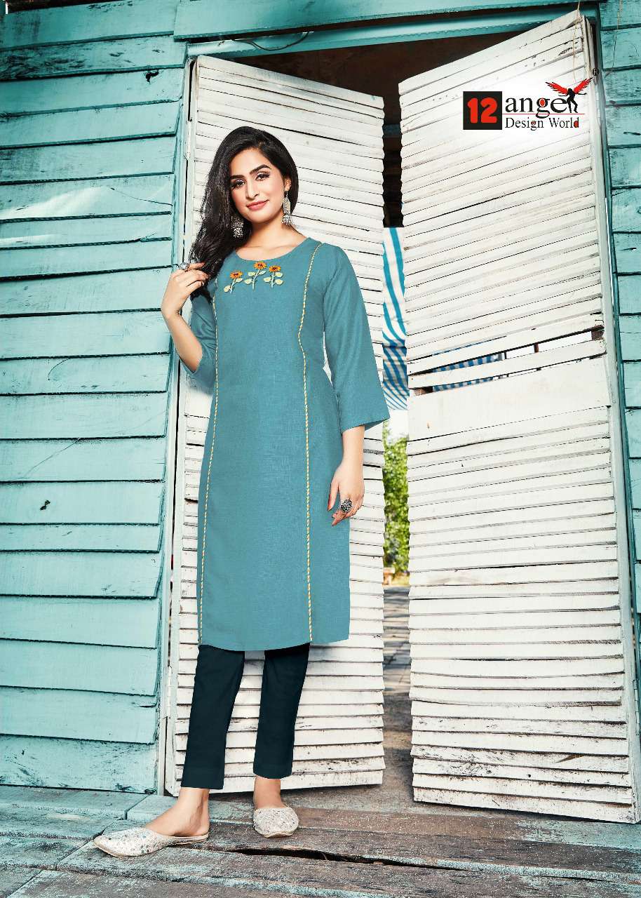 LIME BY 12 ANGEL 1001 TO 1008 SERIES STYLISH FANCY BEAUTIFUL COLORFUL CASUAL WEAR & ETHNIC WEAR RAYON SLUB EMBROIDERED KURTIS AT WHOLESALE PRICE