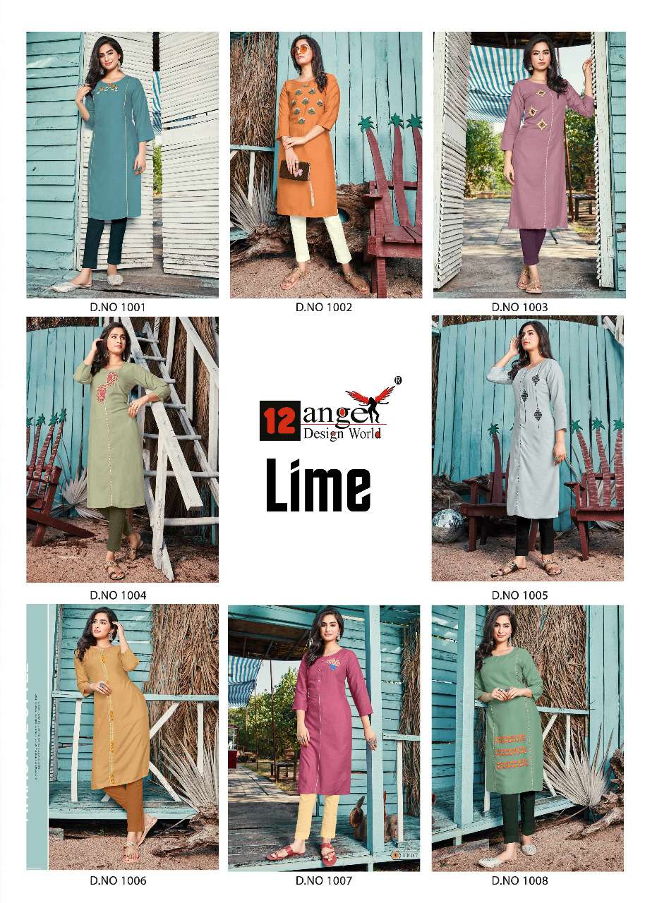 LIME BY 12 ANGEL 1001 TO 1008 SERIES STYLISH FANCY BEAUTIFUL COLORFUL CASUAL WEAR & ETHNIC WEAR RAYON SLUB EMBROIDERED KURTIS AT WHOLESALE PRICE