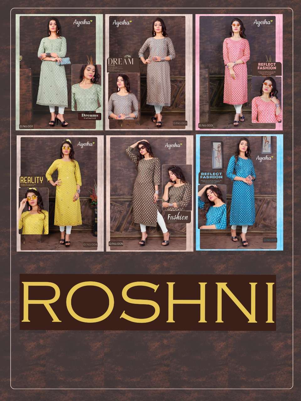ROSHNI BY AYESHA 001 TO 006 SERIES STYLISH FANCY BEAUTIFUL COLORFUL CASUAL WEAR & ETHNIC WEAR RAYON SLUB EMBROIDERED KURTIS AT WHOLESALE PRICE