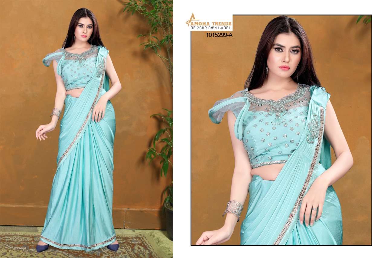 STITCHED SHAAM 1015299 BY AMOHA TRENDZ 1015299-A TO 1015299-D SERIES INDIAN TRADITIONAL WEAR COLLECTION BEAUTIFUL STYLISH FANCY COLORFUL PARTY WEAR & OCCASIONAL WEAR FANCY SAREES AT WHOLESALE PRICE
