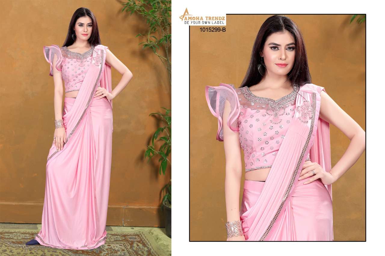 STITCHED SHAAM 1015299 BY AMOHA TRENDZ 1015299-A TO 1015299-D SERIES INDIAN TRADITIONAL WEAR COLLECTION BEAUTIFUL STYLISH FANCY COLORFUL PARTY WEAR & OCCASIONAL WEAR FANCY SAREES AT WHOLESALE PRICE