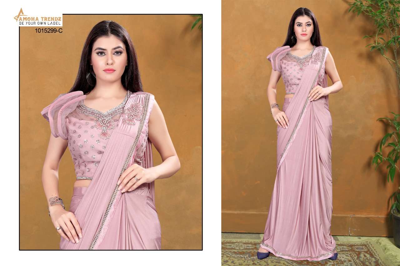STITCHED SHAAM 1015299 BY AMOHA TRENDZ 1015299-A TO 1015299-D SERIES INDIAN TRADITIONAL WEAR COLLECTION BEAUTIFUL STYLISH FANCY COLORFUL PARTY WEAR & OCCASIONAL WEAR FANCY SAREES AT WHOLESALE PRICE