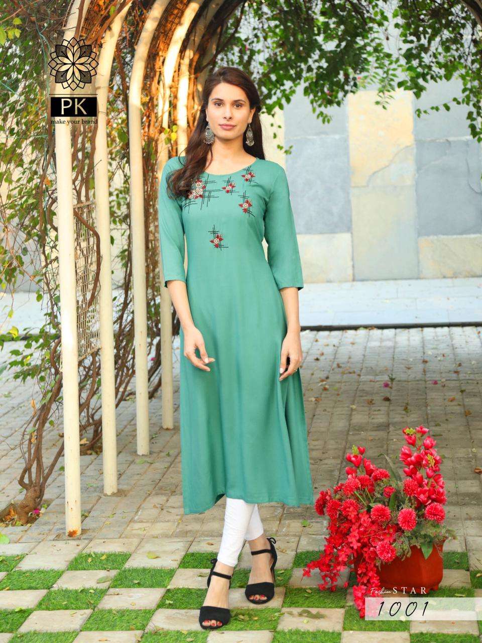 FASHION STAR VOL-1 BY PK 1001 TO 1010 SERIES BEAUTIFUL STYLISH COLORFUL FANCY PARTY WEAR & ETHNIC WEAR & READY TO WEAR HEAVY RAYON EMBROIDERED KURTIS AT WHOLESALE PRICE