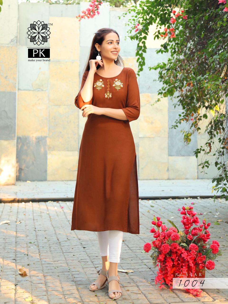 FASHION STAR VOL-1 BY PK 1001 TO 1010 SERIES BEAUTIFUL STYLISH COLORFUL FANCY PARTY WEAR & ETHNIC WEAR & READY TO WEAR HEAVY RAYON EMBROIDERED KURTIS AT WHOLESALE PRICE