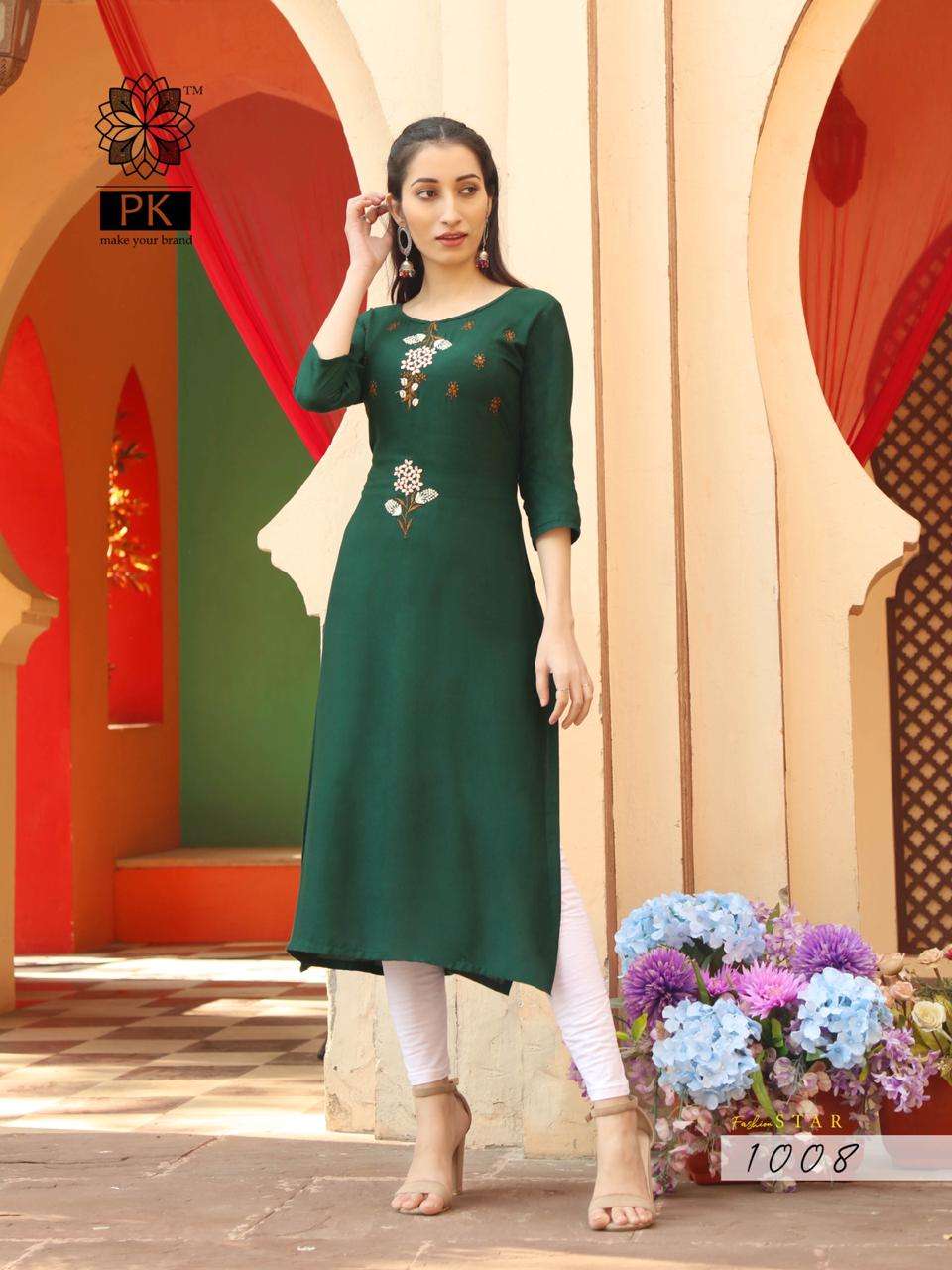 FASHION STAR VOL-1 BY PK 1001 TO 1010 SERIES BEAUTIFUL STYLISH COLORFUL FANCY PARTY WEAR & ETHNIC WEAR & READY TO WEAR HEAVY RAYON EMBROIDERED KURTIS AT WHOLESALE PRICE