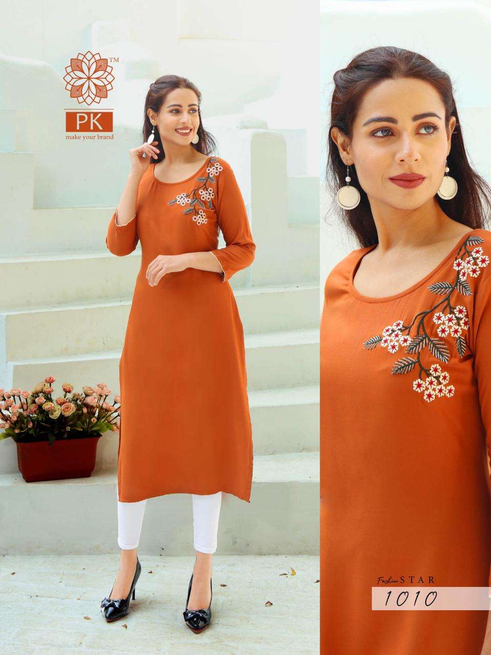 FASHION STAR VOL-1 BY PK 1001 TO 1010 SERIES BEAUTIFUL STYLISH COLORFUL FANCY PARTY WEAR & ETHNIC WEAR & READY TO WEAR HEAVY RAYON EMBROIDERED KURTIS AT WHOLESALE PRICE