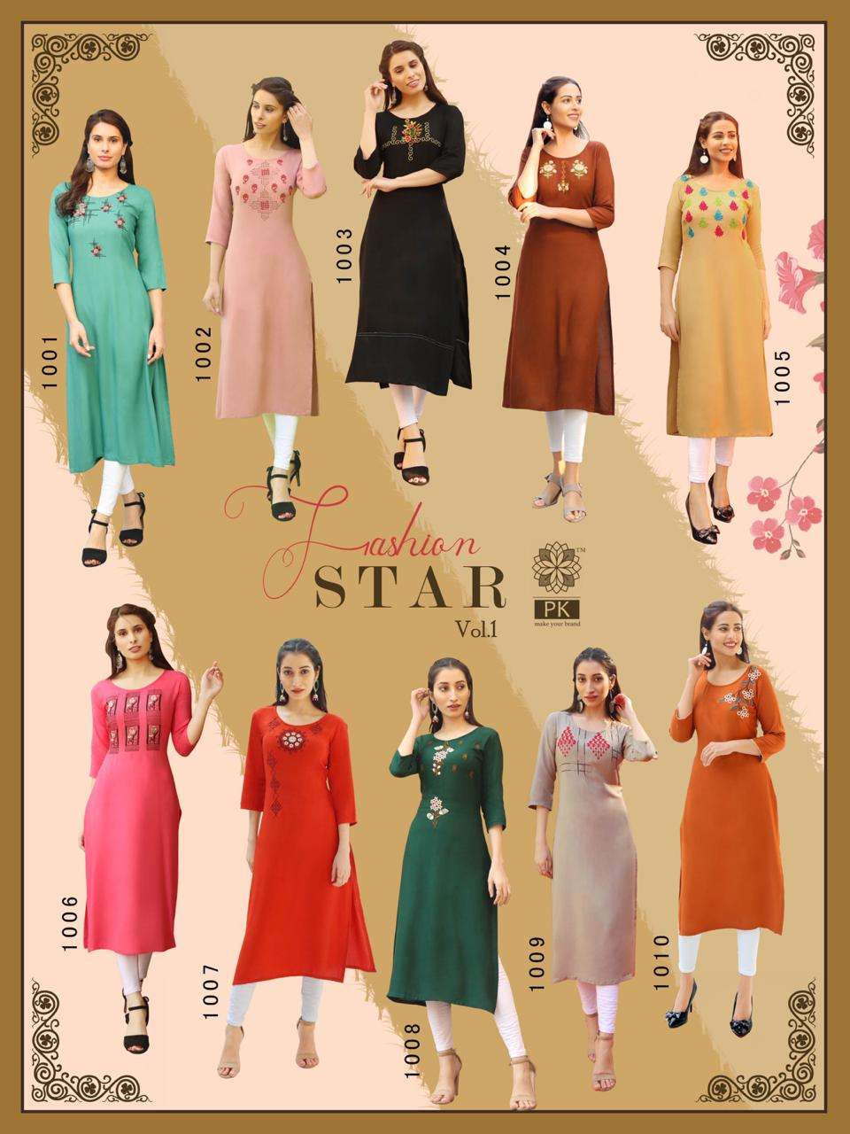 FASHION STAR VOL-1 BY PK 1001 TO 1010 SERIES BEAUTIFUL STYLISH COLORFUL FANCY PARTY WEAR & ETHNIC WEAR & READY TO WEAR HEAVY RAYON EMBROIDERED KURTIS AT WHOLESALE PRICE