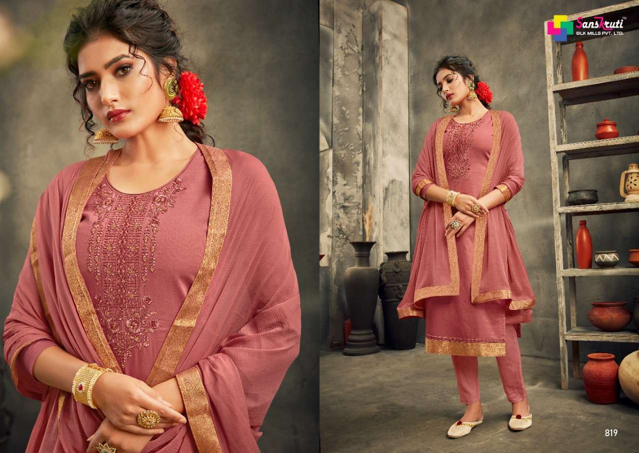 SARAH BY SANSKRUTI SILK MILLS 819 TO 824 SERIES DESIGNER SUITS BEAUTIFUL STYLISH FANCY COLORFUL PARTY WEAR & OCCASIONAL WEAR PURE JAM SILK EMBROIDERED DRESSES AT WHOLESALE PRICE