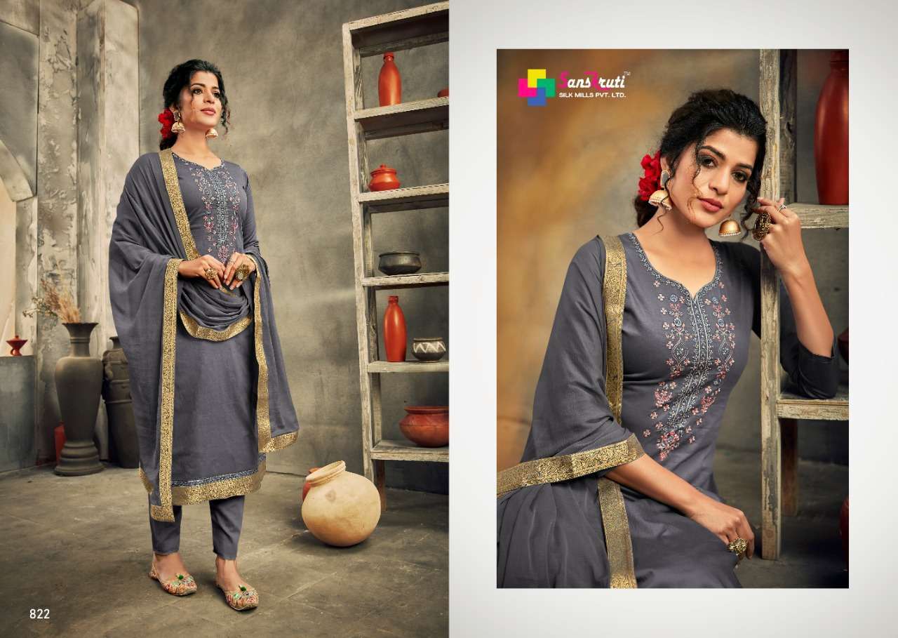 SARAH BY SANSKRUTI SILK MILLS 819 TO 824 SERIES DESIGNER SUITS BEAUTIFUL STYLISH FANCY COLORFUL PARTY WEAR & OCCASIONAL WEAR PURE JAM SILK EMBROIDERED DRESSES AT WHOLESALE PRICE