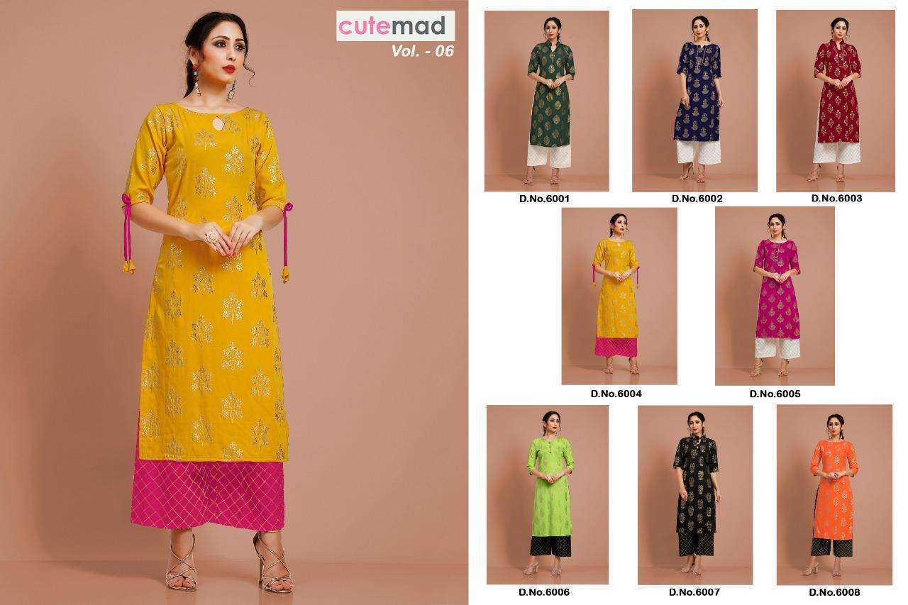 CUTEMAD VOL-6 BY CUTEMAD 6001 TO 6008 SERIES DESIGNER BEAUTIFUL STYLISH FANCY COLORFUL PARTY WEAR & OCCASIONAL WEAR MALAI CREPE KURTIS WITH BOTTOM AT WHOLESALE PRICE