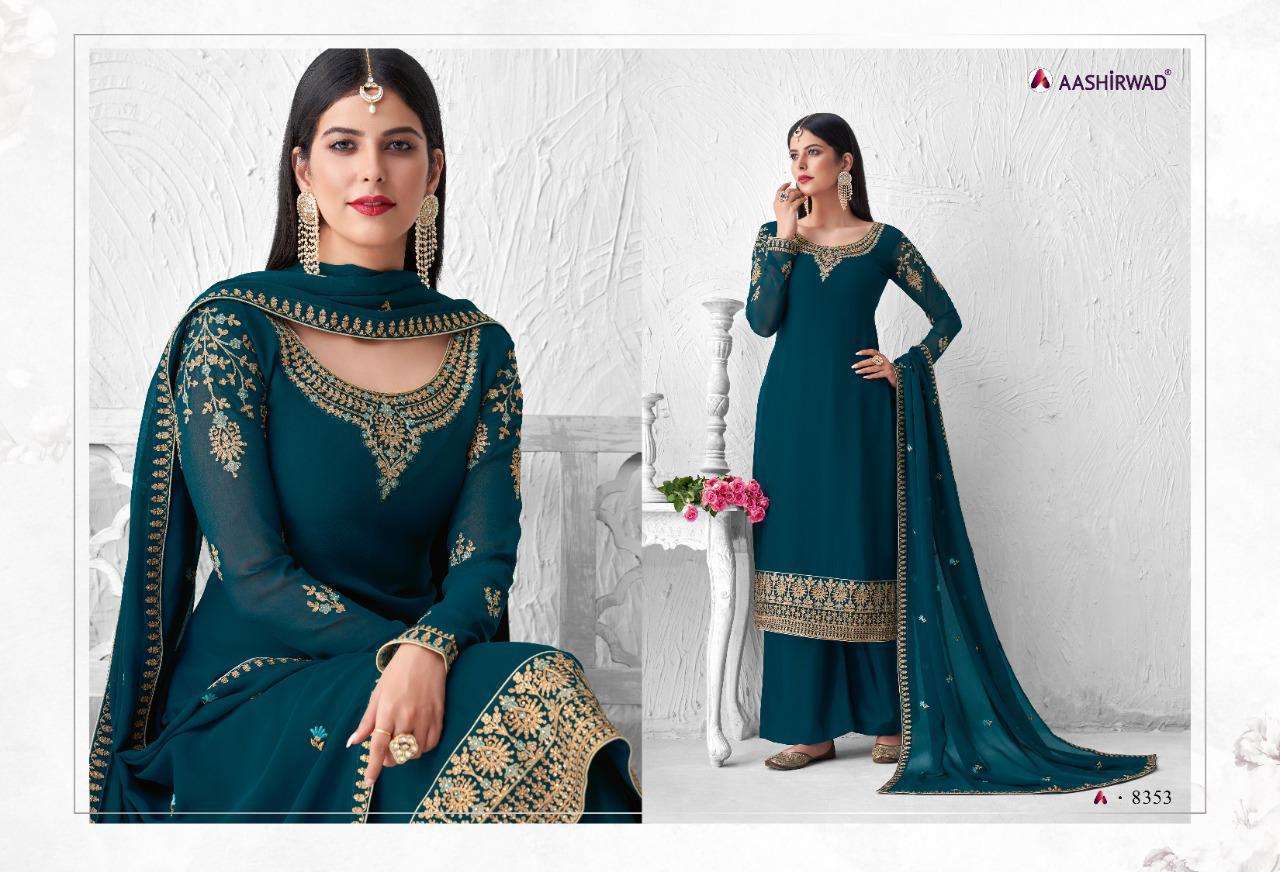 SAFFRON BY AASHIRWAD CREATION 8348 TO 8353 SERIES BEAUTIFUL STYLISH SHARARA SUITS FANCY COLORFUL CASUAL WEAR & ETHNIC WEAR & READY TO WEAR REAL GEORGETTE WITH EMBROIDERY DRESSES AT WHOLESALE PRICE