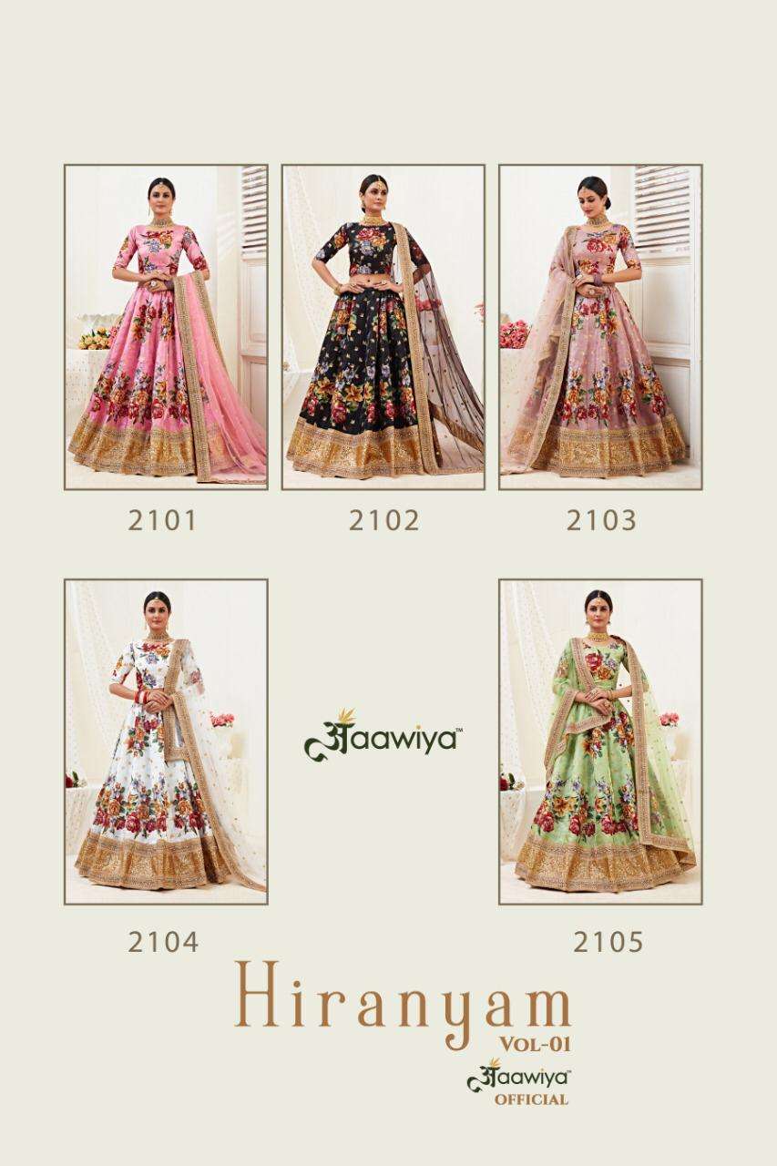 Hiranyam Vol-1 By Aawiya 2101 To 2105 Series Designer Beautiful Navratri Collection Occasional Wear & Party Wear Bangalori Satin Lehengas At Wholesale Price