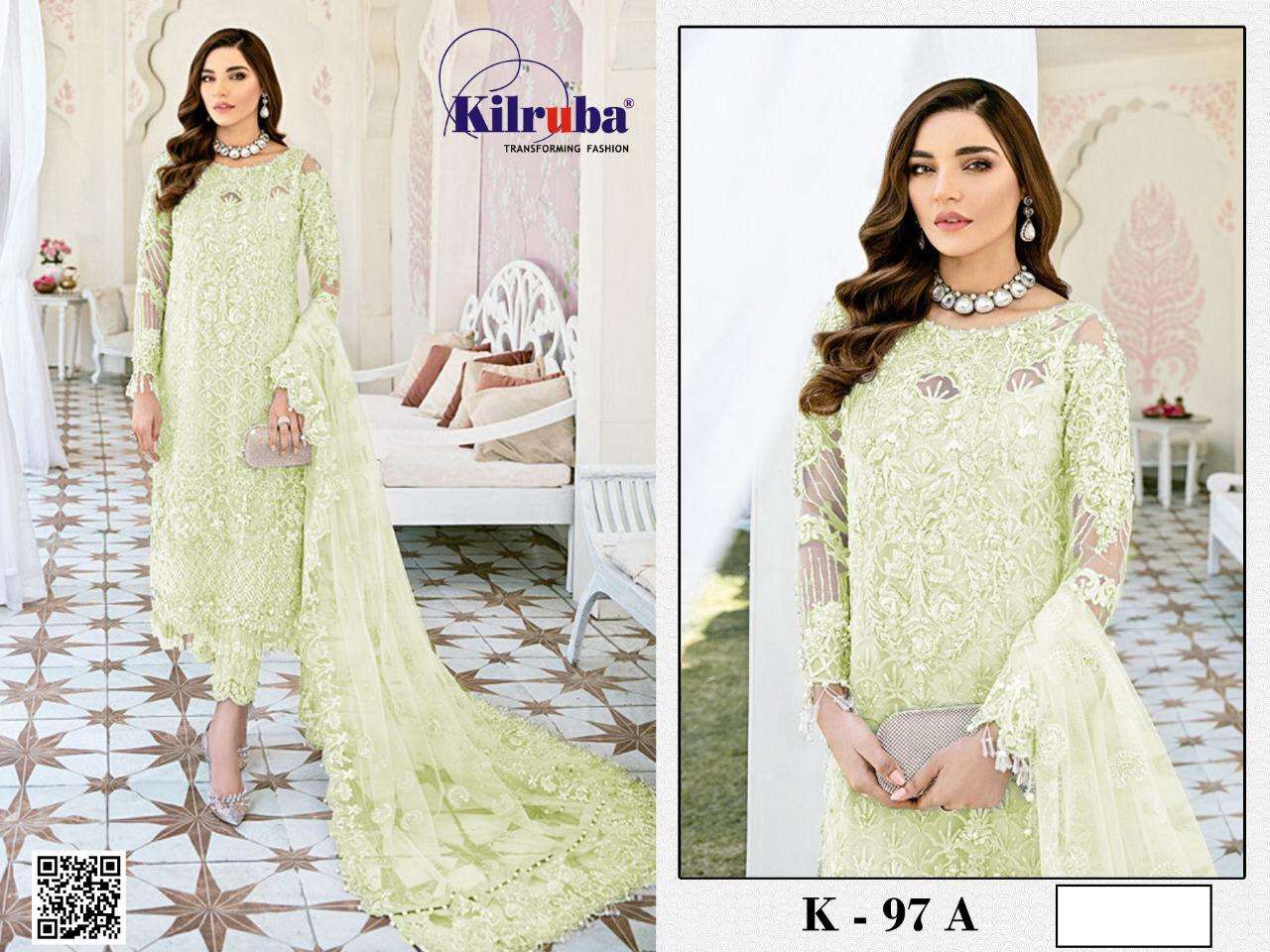 KILRUBA HIT DESIGN K-97 COLOURS BY KILRUBA K-97 TO K-97A SERIES PAKISTANI DESIGNER SUITS COLLECTION BEAUTIFUL STYLISH FANCY COLORFUL PARTY WEAR & OCCASIONAL WEAR GEORGETTE EMBROIDERY DRESSES AT WHOLESALE PRICE