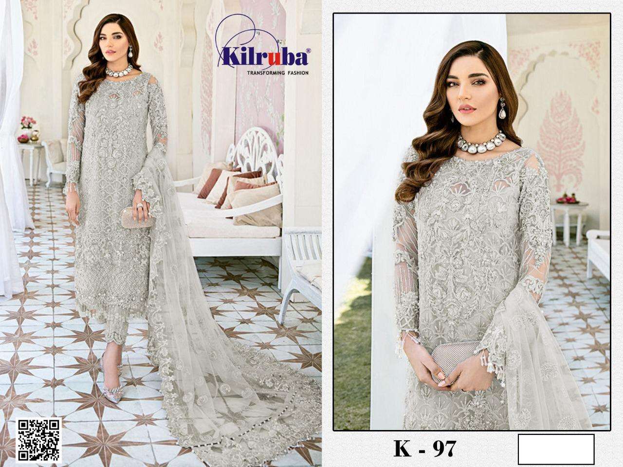 KILRUBA HIT DESIGN K-97 COLOURS BY KILRUBA K-97 TO K-97A SERIES PAKISTANI DESIGNER SUITS COLLECTION BEAUTIFUL STYLISH FANCY COLORFUL PARTY WEAR & OCCASIONAL WEAR GEORGETTE EMBROIDERY DRESSES AT WHOLESALE PRICE