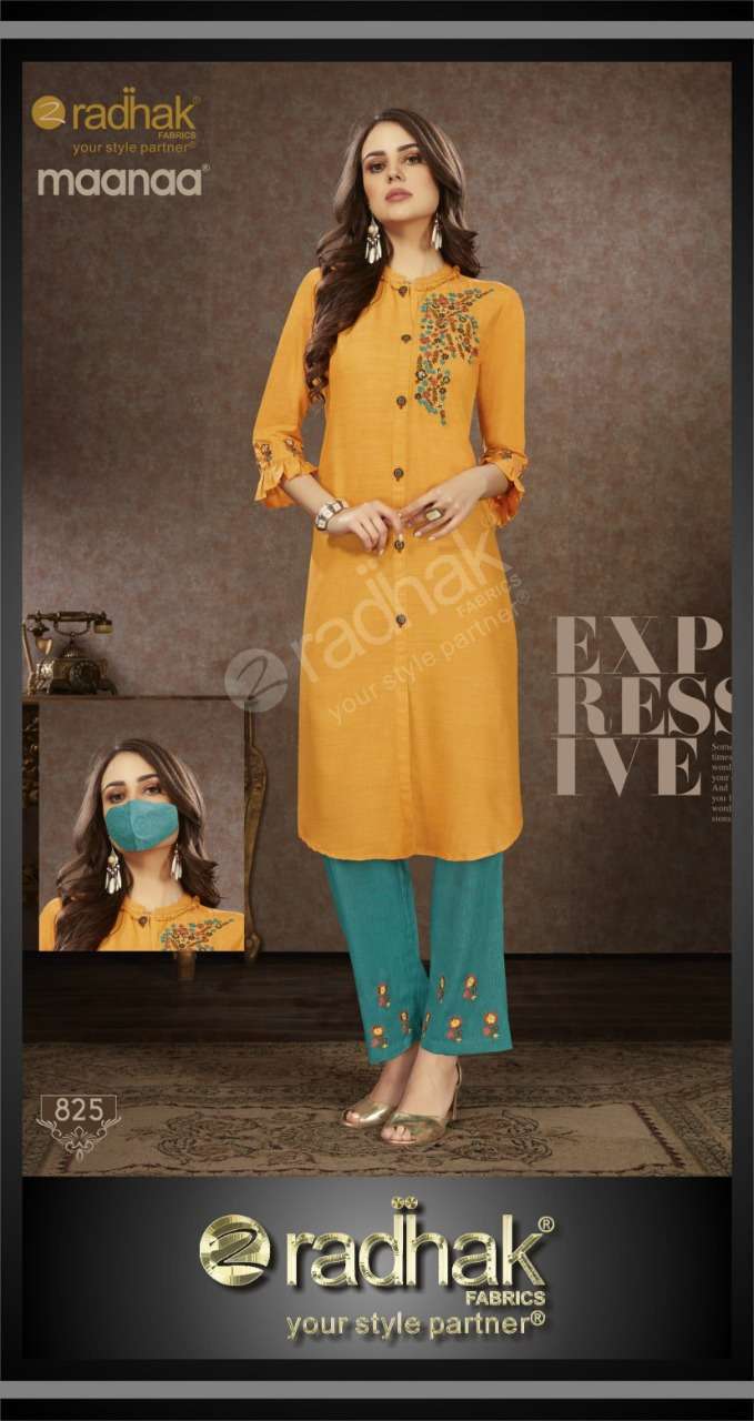 MAANAA VOL-8 BY RADHAK FASHION 825 TO 830 SERIES STYLISH FANCY BEAUTIFUL COLORFUL CASUAL WEAR & ETHNIC WEAR RAYON EMBROIDERED KURTIS WITH BOTTOM AT WHOLESALE PRICE