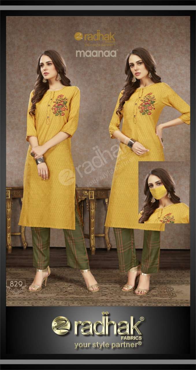 MAANAA VOL-8 BY RADHAK FASHION 825 TO 830 SERIES STYLISH FANCY BEAUTIFUL COLORFUL CASUAL WEAR & ETHNIC WEAR RAYON EMBROIDERED KURTIS WITH BOTTOM AT WHOLESALE PRICE
