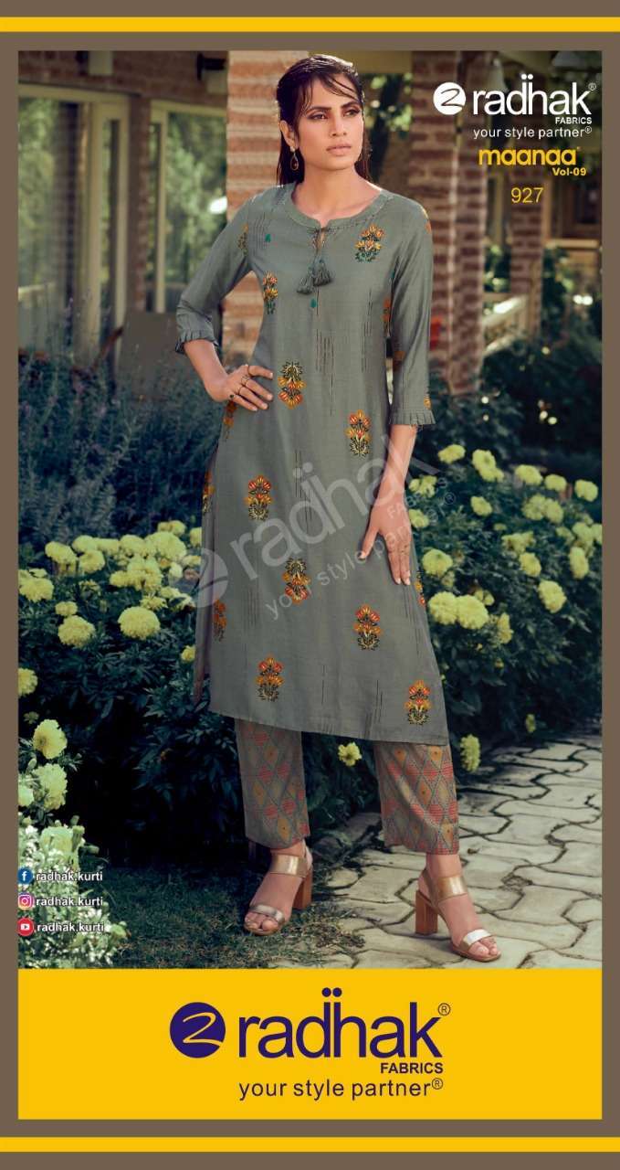 MAANAA VOL-9 BY RADHAK FASHION 925 TO 930 SERIES STYLISH FANCY BEAUTIFUL COLORFUL CASUAL WEAR & ETHNIC WEAR MUSLIN EMBROIDERED KURTIS WITH BOTTOM AT WHOLESALE PRICE