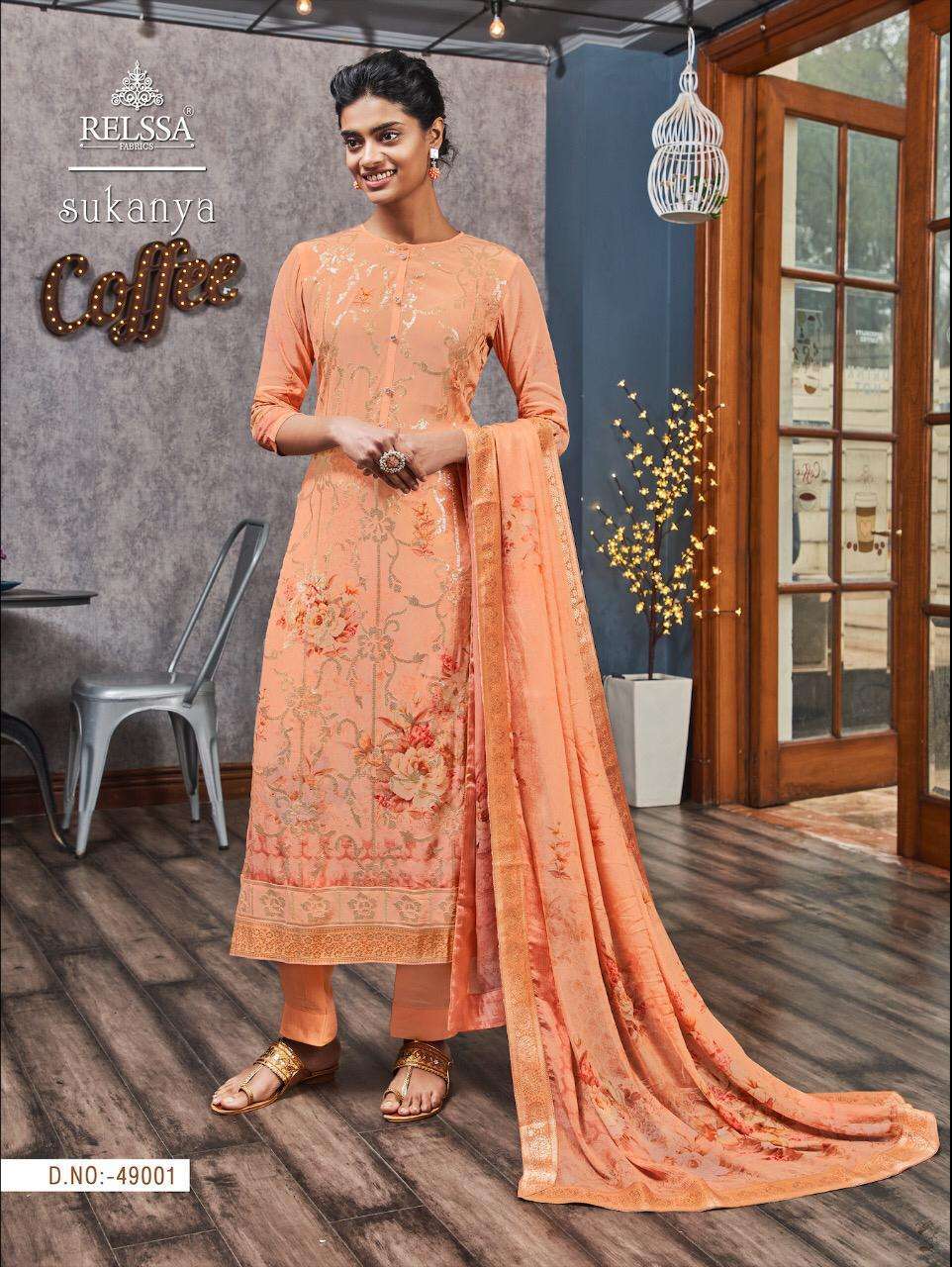 SUKANYA BY RELSSA FABRICS 49001 TO 49006 SERIES BEAUTIFUL SUITS STYLISH FANCY COLORFUL PARTY WEAR & OCCASIONAL WEAR PURE CREPE DIGITAL PRINTED DRESSES AT WHOLESALE PRICE