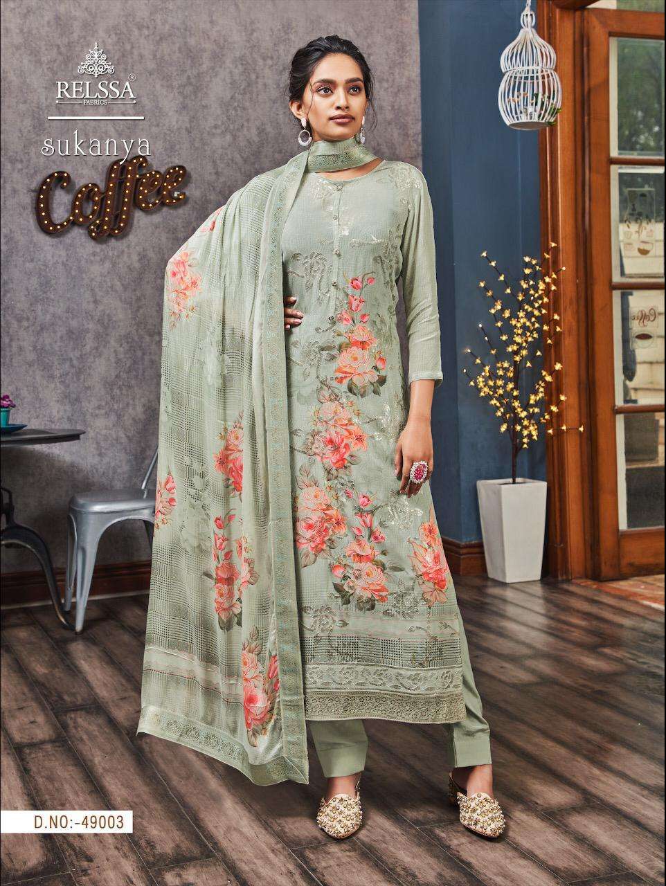 SUKANYA BY RELSSA FABRICS 49001 TO 49006 SERIES BEAUTIFUL SUITS STYLISH FANCY COLORFUL PARTY WEAR & OCCASIONAL WEAR PURE CREPE DIGITAL PRINTED DRESSES AT WHOLESALE PRICE