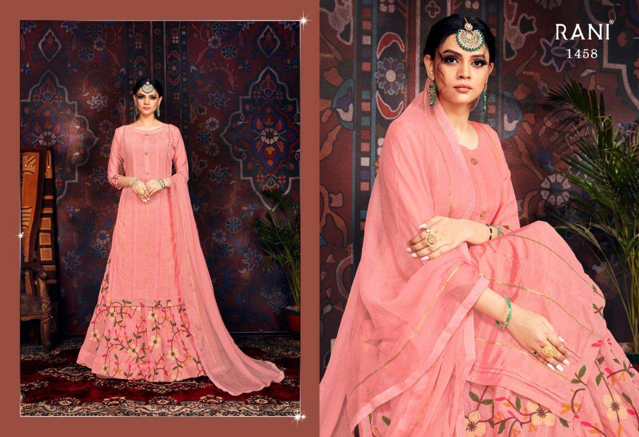 BANU BY RANI TRENDZ 1458 TO 1461 SERIES BEAUTIFUL STYLISH PATIALA SUITS FANCY COLORFUL CASUAL WEAR & ETHNIC WEAR & READY TO WEAR HEAVY CHINNON SILK DRESSES AT WHOLESALE PRICE