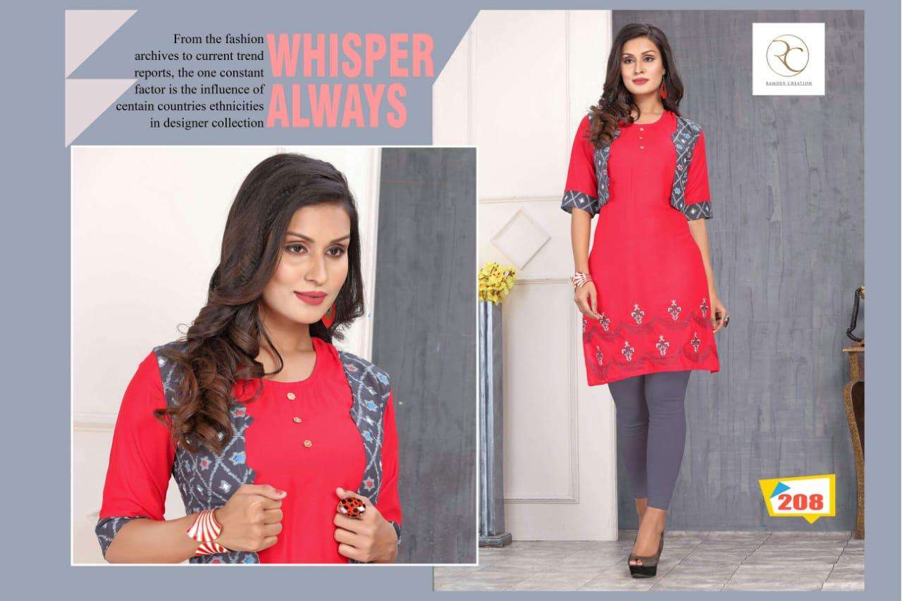 KISSMISS BY RC 201 TO 208 SERIES STYLISH FANCY BEAUTIFUL COLORFUL CASUAL WEAR & ETHNIC WEAR RAYON EMBROIDERED KURTIS AT WHOLESALE PRICE