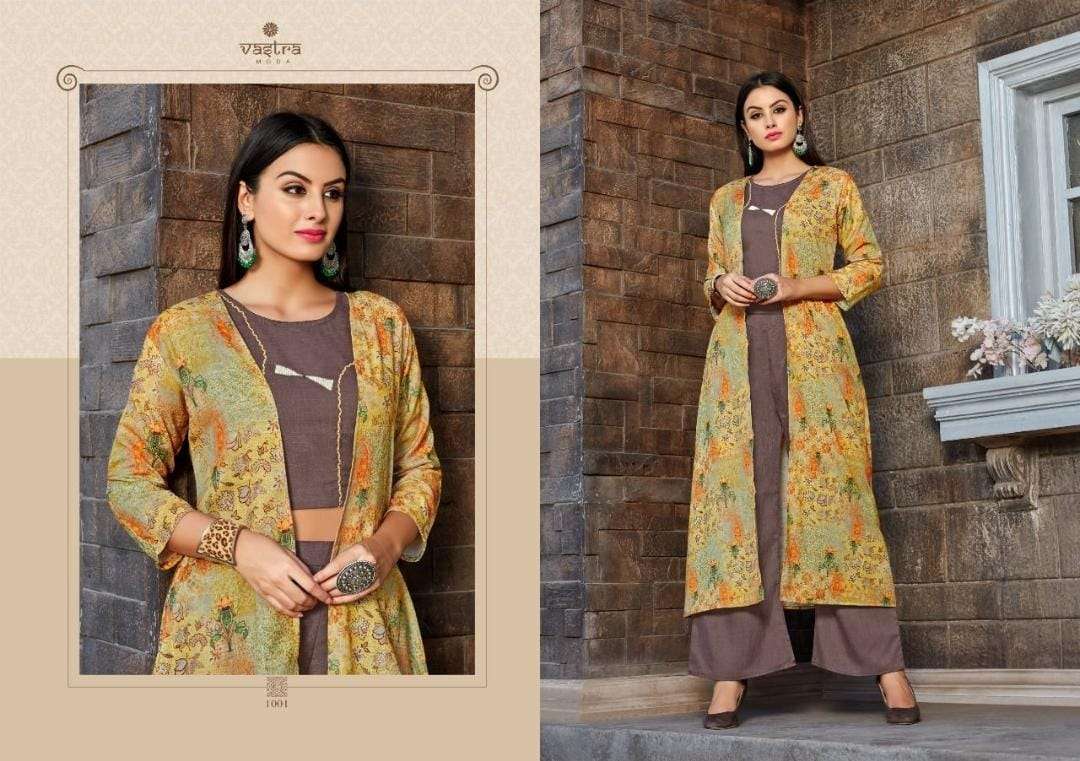 URBANE VOL-1 BY VASTRA MODA 1001 TO 1006 SERIES STYLISH FANCY BEAUTIFUL COLORFUL CASUAL WEAR & ETHNIC WEAR PREMIUM RAYON PRINT KURTIS WITH BOTTOM AT WHOLESALE PRICE