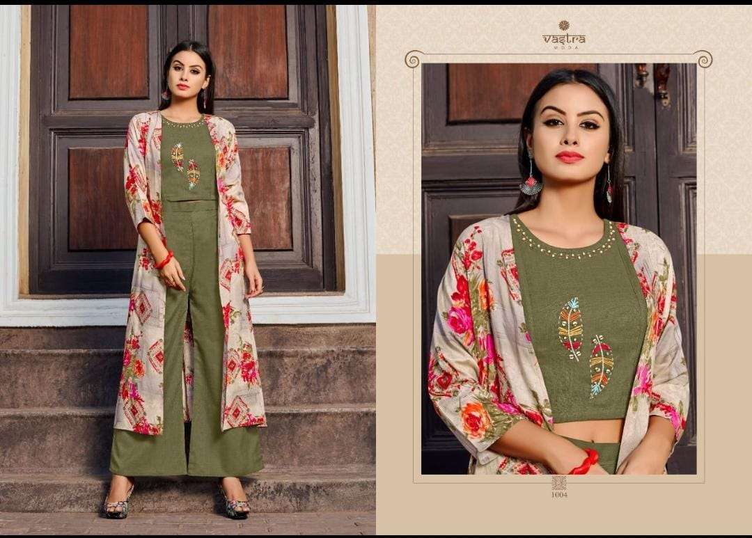 URBANE VOL-1 BY VASTRA MODA 1001 TO 1006 SERIES STYLISH FANCY BEAUTIFUL COLORFUL CASUAL WEAR & ETHNIC WEAR PREMIUM RAYON PRINT KURTIS WITH BOTTOM AT WHOLESALE PRICE