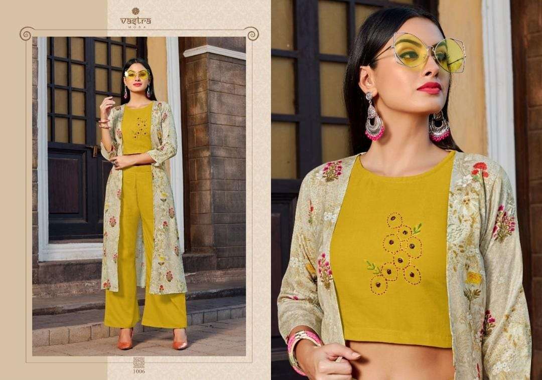 URBANE VOL-1 BY VASTRA MODA 1001 TO 1006 SERIES STYLISH FANCY BEAUTIFUL COLORFUL CASUAL WEAR & ETHNIC WEAR PREMIUM RAYON PRINT KURTIS WITH BOTTOM AT WHOLESALE PRICE