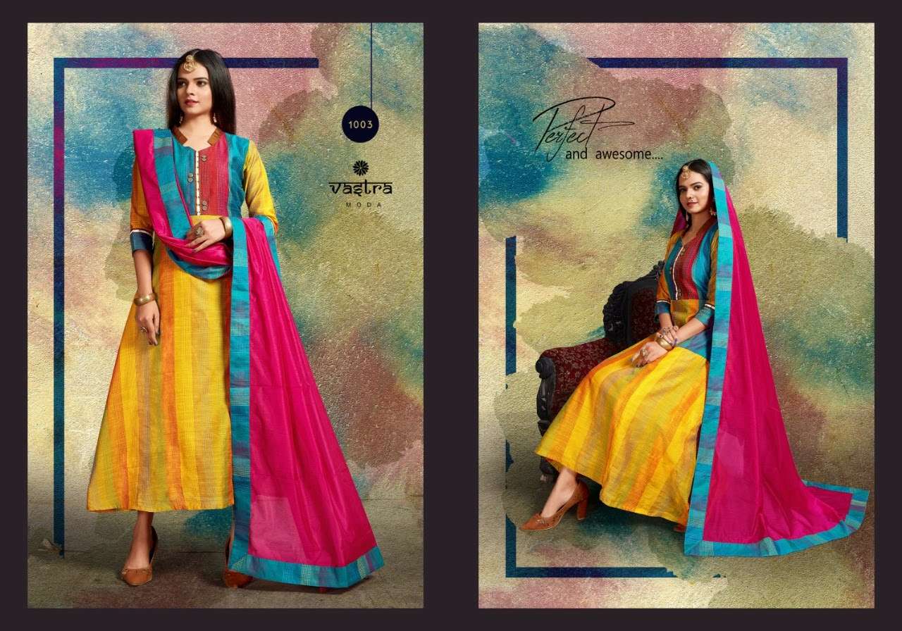 MEERA VOL-1 BY VASTRA MODA 1001 TO 1004 SERIES STYLISH FANCY BEAUTIFUL COLORFUL CASUAL WEAR & ETHNIC WEAR PREMIUM CHANDERI KURTIS WITH DUPATTA AT WHOLESALE PRICE
