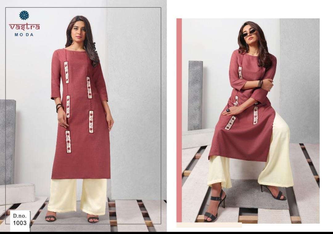 FASHION VOL-1 BY VASTRA MODA 1001 TO 1008 SERIES BEAUTIFUL STYLISH FANCY COLORFUL CASUAL WEAR & ETHNIC WEAR & READY TO WEAR PREMIUM SLUB EMBROIDERED KURTIS AT WHOLESALE PRICE