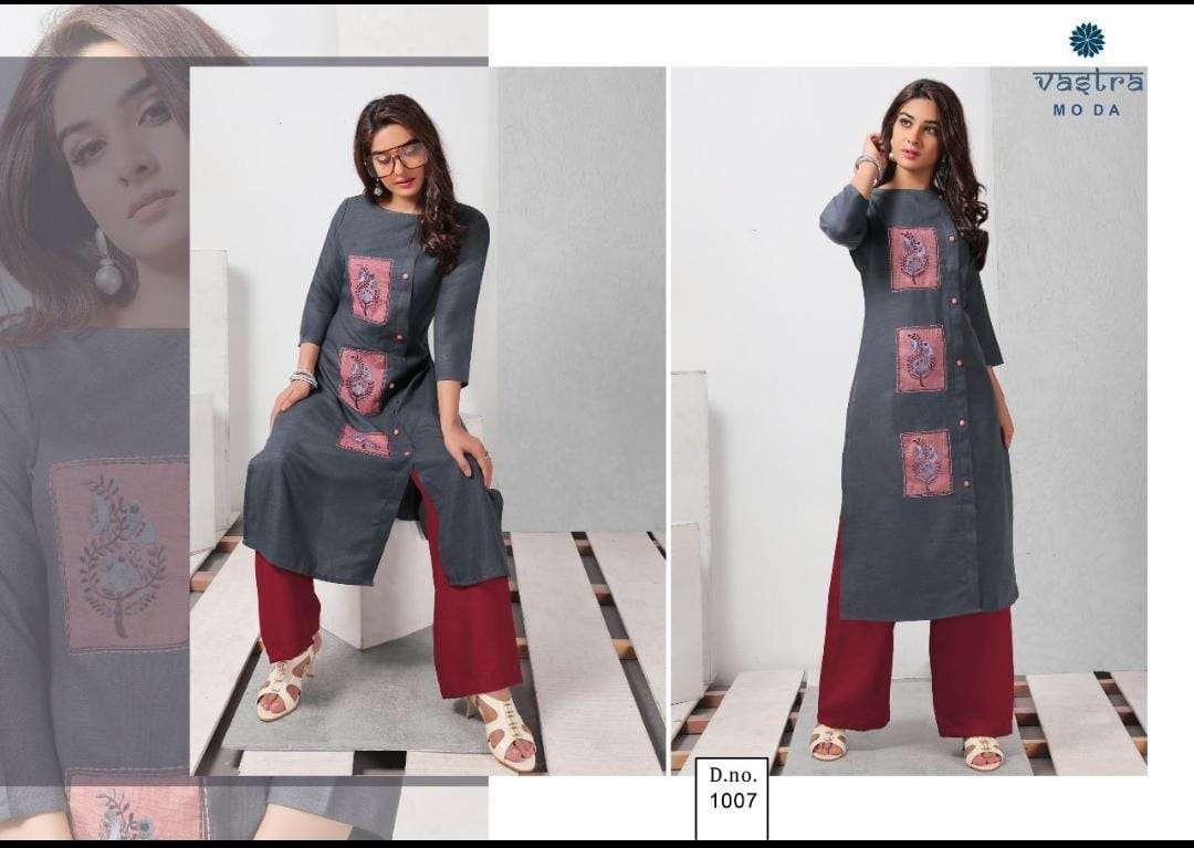 FASHION VOL-1 BY VASTRA MODA 1001 TO 1008 SERIES BEAUTIFUL STYLISH FANCY COLORFUL CASUAL WEAR & ETHNIC WEAR & READY TO WEAR PREMIUM SLUB EMBROIDERED KURTIS AT WHOLESALE PRICE