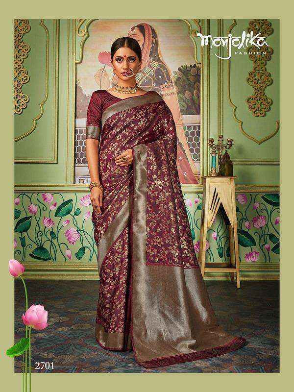 MAITRY SILK BY MONJOLIKA 2701 TO 2706 SERIES INDIAN TRADITIONAL WEAR COLLECTION BEAUTIFUL STYLISH FANCY COLORFUL PARTY WEAR & OCCASIONAL WEAR BANARASI SILK SAREES AT WHOLESALE PRICE