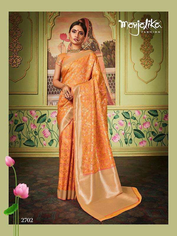 MAITRY SILK BY MONJOLIKA 2701 TO 2706 SERIES INDIAN TRADITIONAL WEAR COLLECTION BEAUTIFUL STYLISH FANCY COLORFUL PARTY WEAR & OCCASIONAL WEAR BANARASI SILK SAREES AT WHOLESALE PRICE