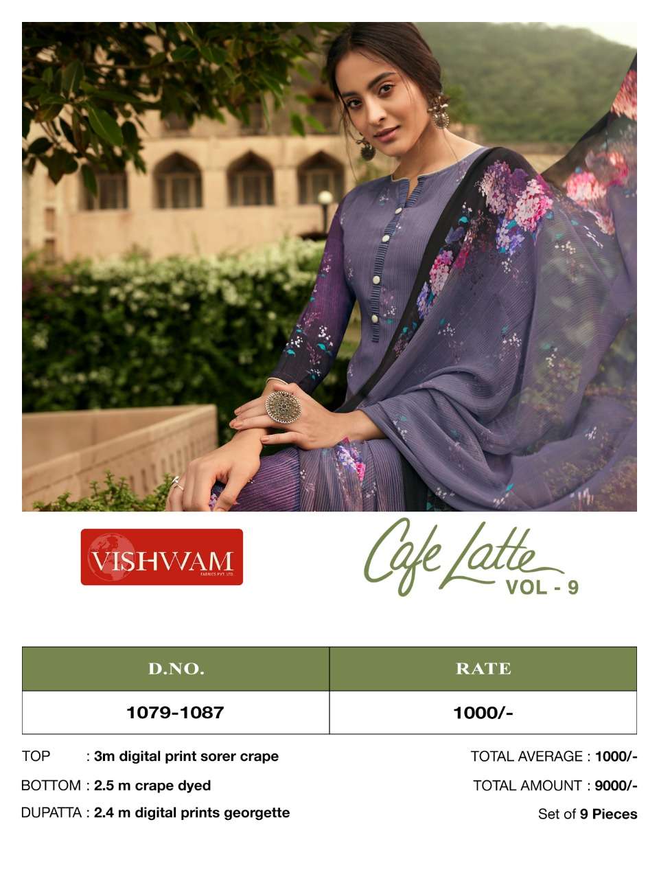 CAFE LATTE VOL-9 BY VISHWAM FABRICS 1079 TO 1087 SERIES BEAUTIFUL SUITS STYLISH FANCY COLORFUL PARTY WEAR & OCCASIONAL WEAR CRAPE DIGITAL PRINTED DRESSES AT WHOLESALE PRICE