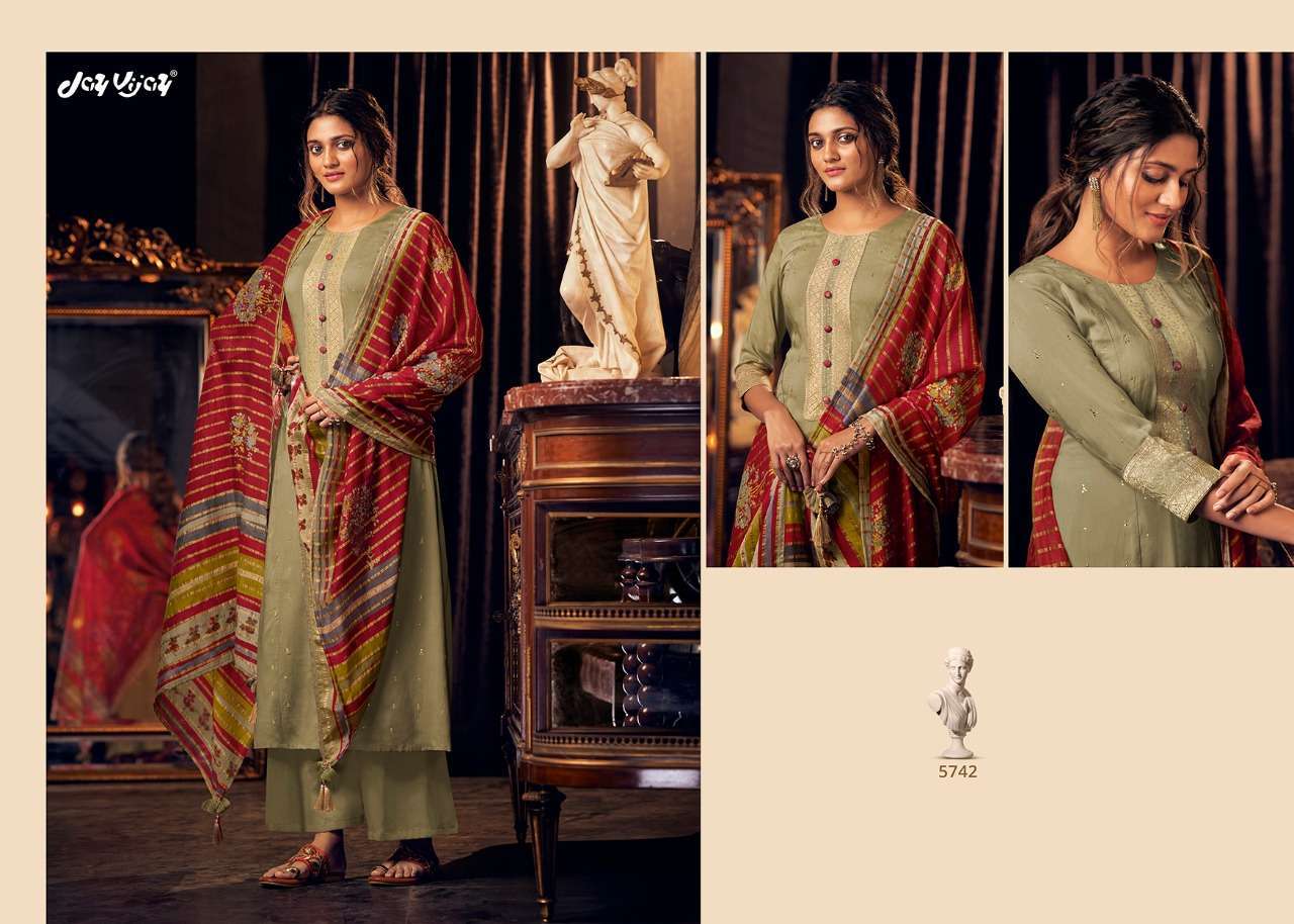 LUMIERE BY JAY VIJAY PRINTS 5741 TO 5750 SERIES BEAUTIFUL SUITS STYLISH FANCY COLORFUL PARTY WEAR & OCCASIONAL WEAR PURE BEMBERG SILK HANDWORKED DRESSES AT WHOLESALE PRICE