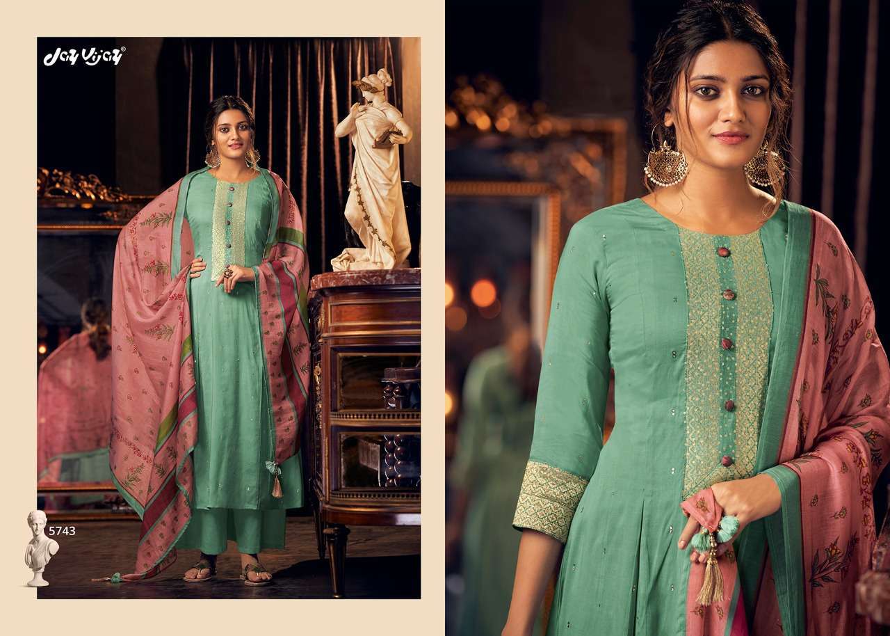 LUMIERE BY JAY VIJAY PRINTS 5741 TO 5750 SERIES BEAUTIFUL SUITS STYLISH FANCY COLORFUL PARTY WEAR & OCCASIONAL WEAR PURE BEMBERG SILK HANDWORKED DRESSES AT WHOLESALE PRICE