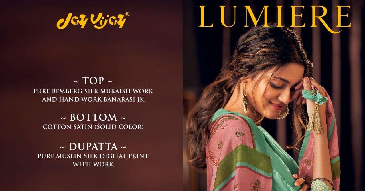 LUMIERE BY JAY VIJAY PRINTS 5741 TO 5750 SERIES BEAUTIFUL SUITS STYLISH FANCY COLORFUL PARTY WEAR & OCCASIONAL WEAR PURE BEMBERG SILK HANDWORKED DRESSES AT WHOLESALE PRICE