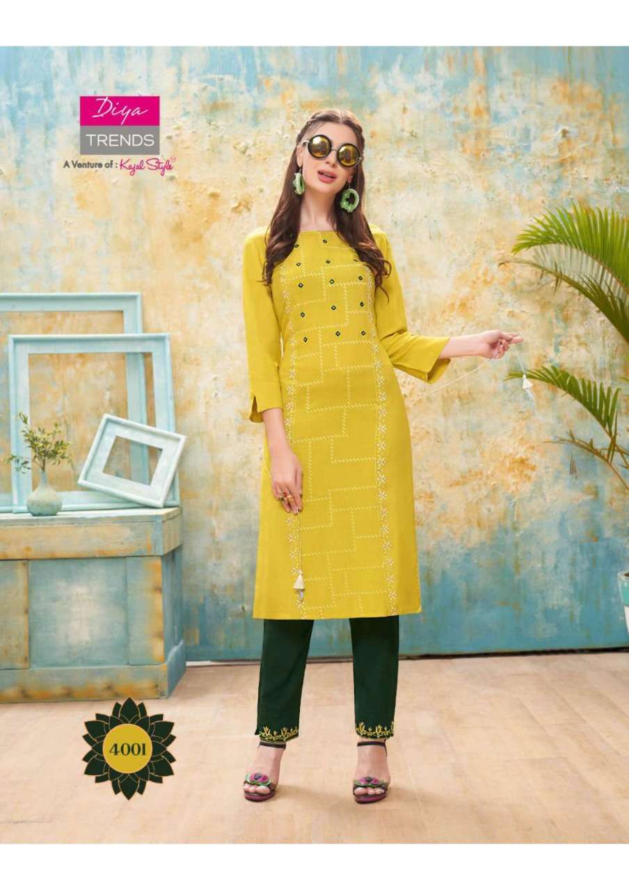 FOREVER VOL-4 BY DIYA TRENDS 4001 TO 4012 SERIES DESIGNER BEAUTIFUL STYLISH COLORFUL FANCY READY TO WEAR & CASUAL WEAR & ETHNIC WEAR RAYON EMBROIDERED KURTIS WITH BOTTOM AT WHOLESALE PRICE
