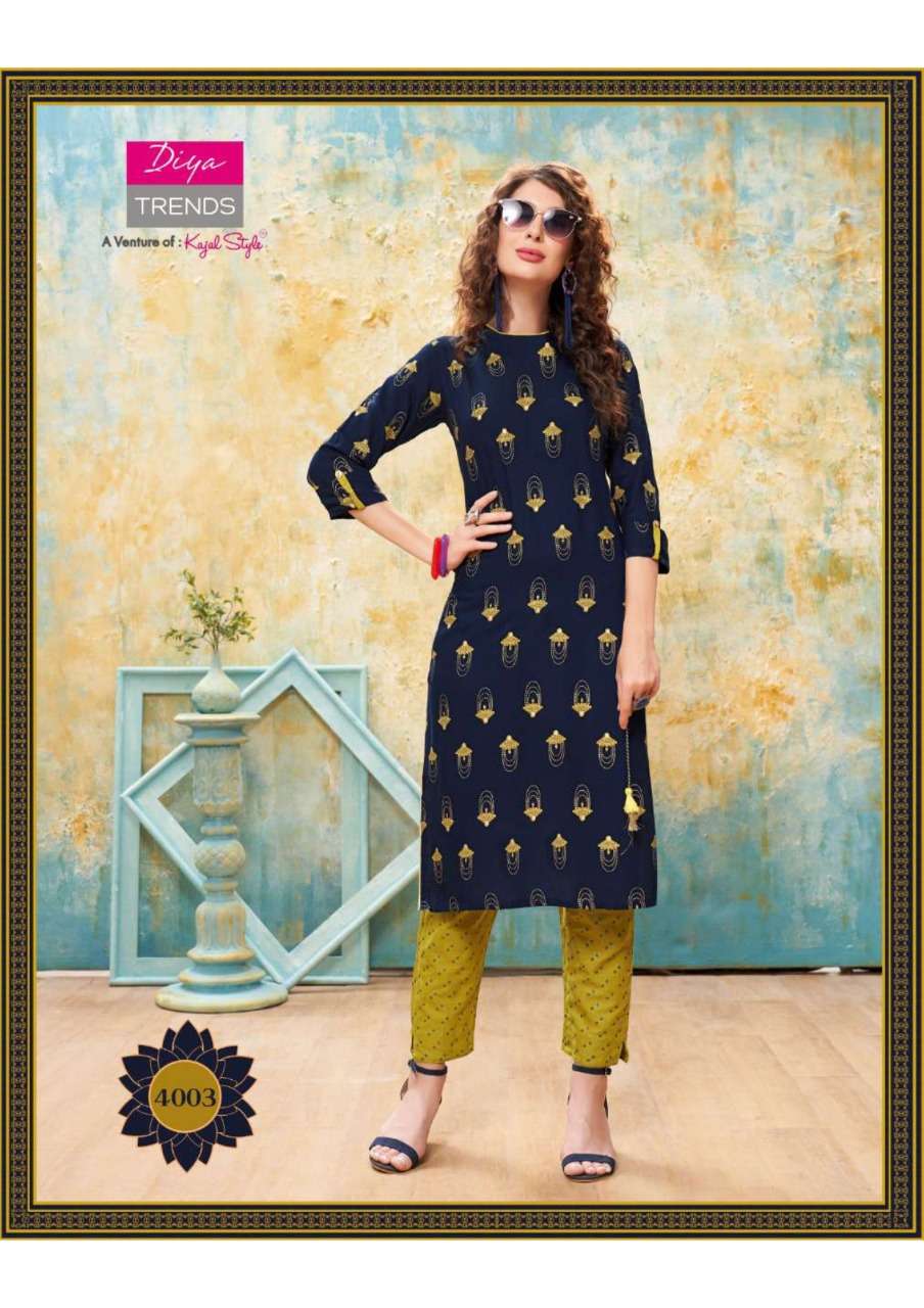 FOREVER VOL-4 BY DIYA TRENDS 4001 TO 4012 SERIES DESIGNER BEAUTIFUL STYLISH COLORFUL FANCY READY TO WEAR & CASUAL WEAR & ETHNIC WEAR RAYON EMBROIDERED KURTIS WITH BOTTOM AT WHOLESALE PRICE