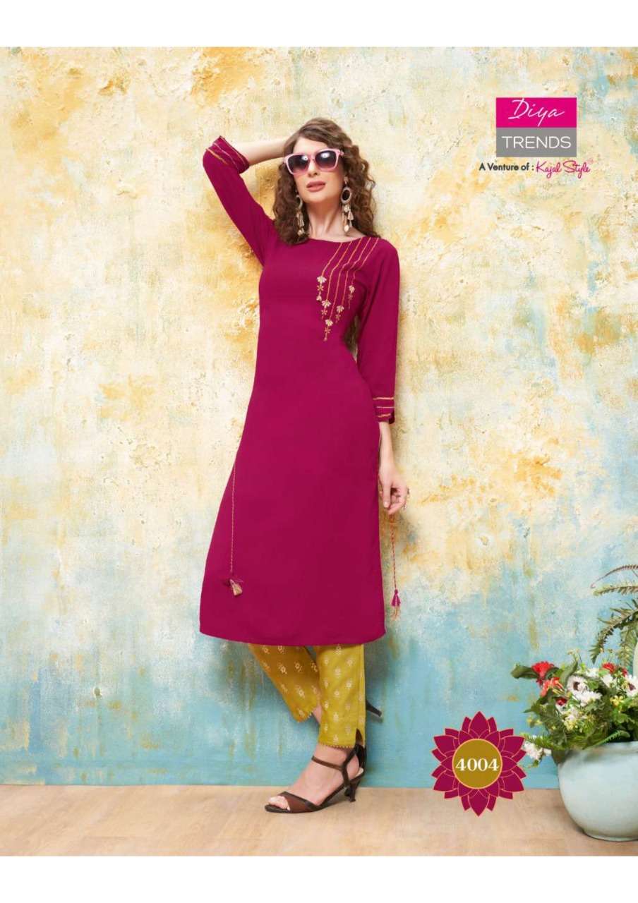 FOREVER VOL-4 BY DIYA TRENDS 4001 TO 4012 SERIES DESIGNER BEAUTIFUL STYLISH COLORFUL FANCY READY TO WEAR & CASUAL WEAR & ETHNIC WEAR RAYON EMBROIDERED KURTIS WITH BOTTOM AT WHOLESALE PRICE